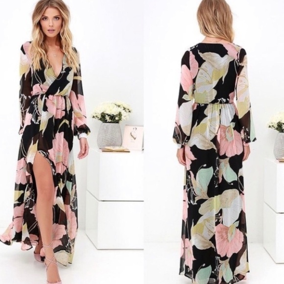 Lulu's Wondrous Water Lilies Black Floral Maxi Dress V Neck Sheer Longsleeve SM - Picture 1 of 16